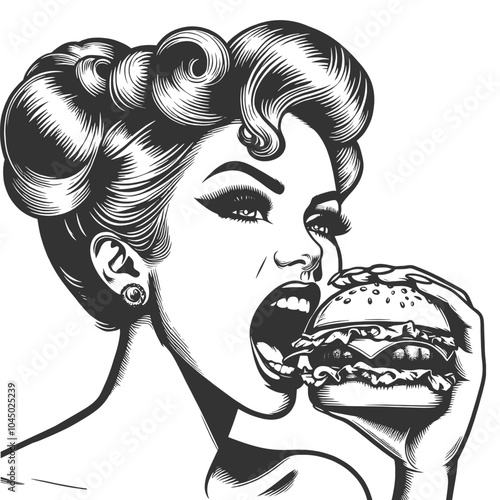 pin-up woman with hamburger sketch engraving generative ai fictional character vector illustration. Scratch board imitation. Black and white image.
