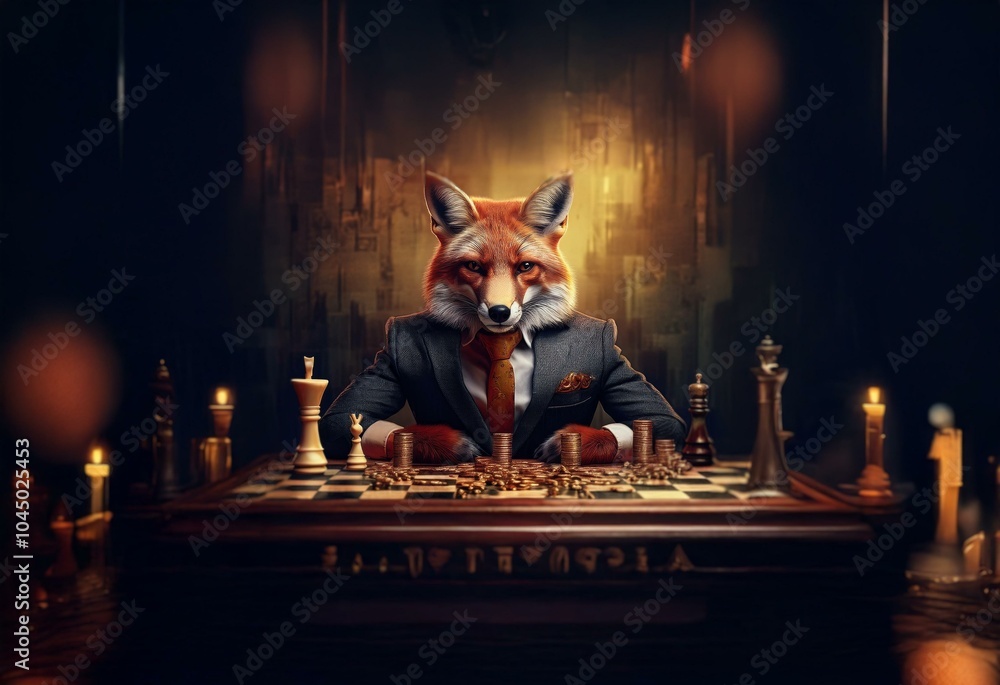 A sly fox in a suit plays chess in a dimly lit room, surrounded by lit candles. A sly fox in a suit plays chess in a dimly lit room, surrounded by lit candles.