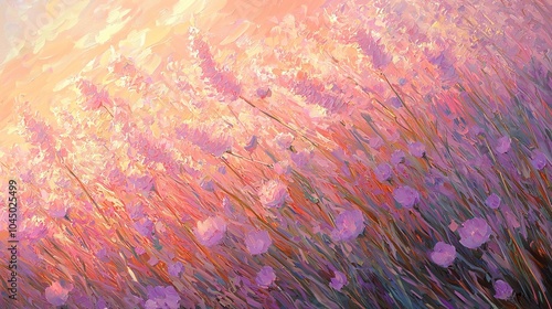 Ethereal Sunset Petals Swirling in a Windstorm Over a Vibrant Floral Field Landscape