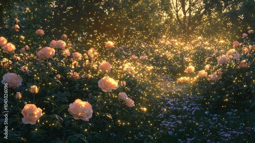 Fireflies Illuminating a Captivating Rose Garden at Night