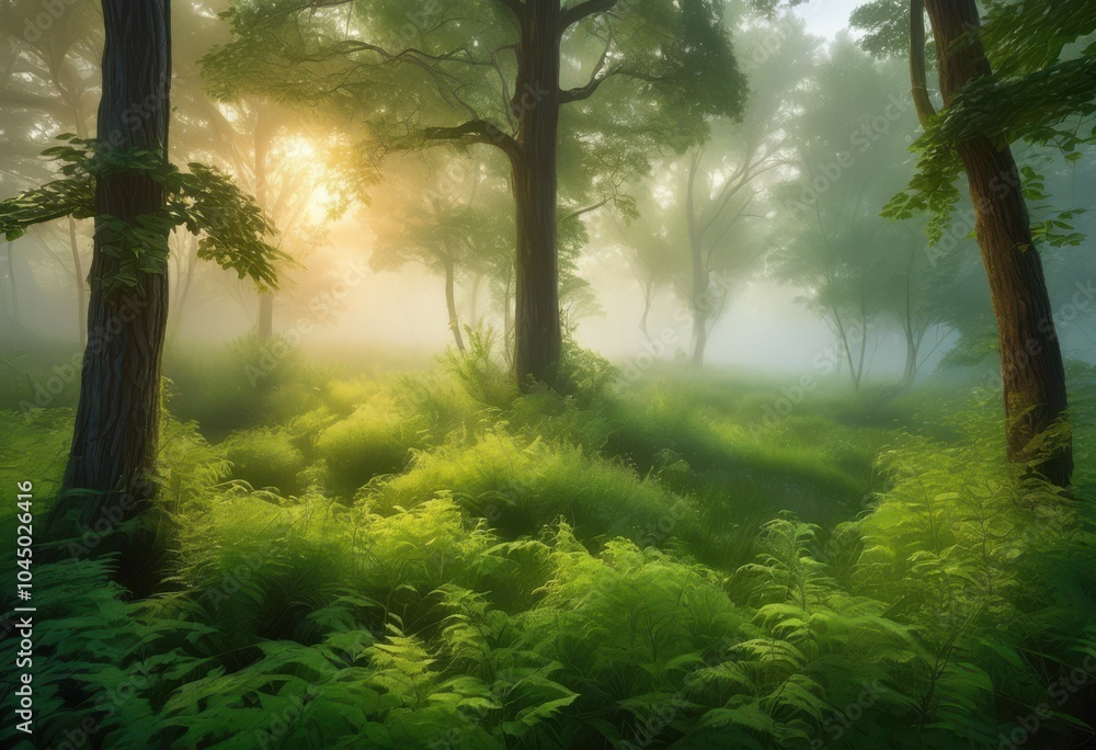 Obraz premium enchanting early morning mist surrounded lush green trees serene forest landscape filled ethereal light, fog, haze, dawn, woodland, nature, atmosphere, beauty