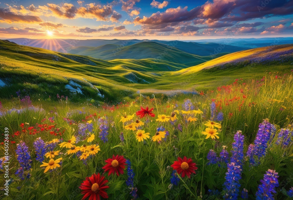 vibrant landscape featuring flourishing wildflowers under bright blue sky rolling green hills sunlit meadows, bloom, blossom, color, colorful, nature vibrant landscape featuring flourishing wildflowers under bright blue sky rolling green hills sunlit meadows, bloom, blossom, color, colorful, nature