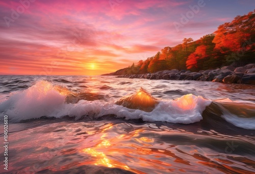 dazzling sunrise over tranquil coastal waves creating vibrant seascape exuding natural beauty calming serenity, beach, dawn, evening, sunset, sand, ocean photo