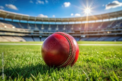 Close-up view of red cricket ball on stadium field photo