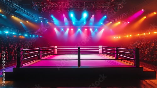 A boxing ring illuminated by spotlights with a large crowd in an arena. photo