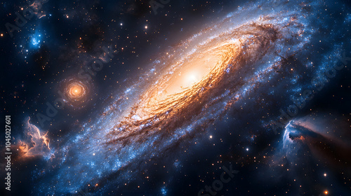 A Spiral Galaxy with a Dark Blue Hue, Bright White Center, and Light Speckles Across the Cosmic Background. A Stunning Deep-Space View Highlighting the Beauty of the Universe.
