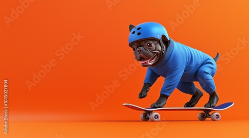 Chien de race bouledogue français en tenue bleu, sur un skateboard, isolé sur un fond de couleur unie, chien portant un casque, image avec espace pour texte.