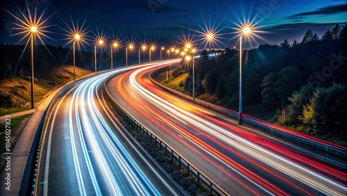 Minimalist Long Exposure Night Photography of Lights on a Road, Capturing Motion and Serenity in Urban Settings, Perfect for Home Decor and Digital Art Enthusiasts