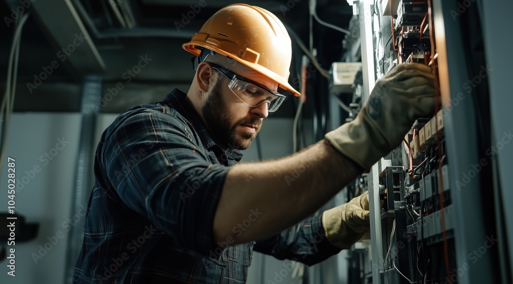 Un électricien barbu travaillant sur un panneau électrique, portant des lunettes de protection, un casque et des gants de sécurité. Un électricien barbu travaillant sur un panneau électrique, portant des lunettes de protection, un casque et des gants de sécurité.