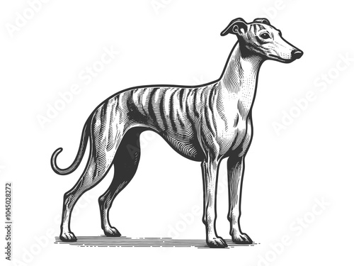 Greyhound whippet dog, sleek body, long legs, and graceful posture sketch engraving generative ai fictional character vector illustration. Scratch board imitation. Black and white image.