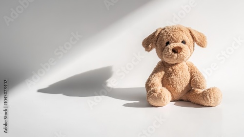 A soft, brown puppy plushie sits on a white background, casting a shadow. It's perfect for kids to cuddle and play with. photo