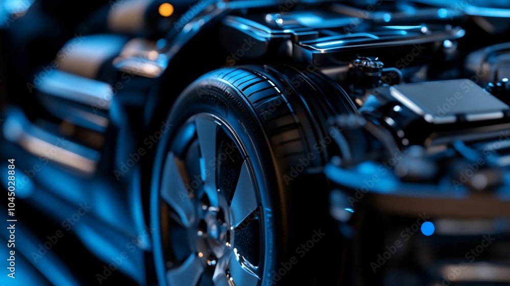 Close-up of a car wheel with the engine visible in the background, showcasing the technological advancements in electric vehicles. Close-up of a car wheel with the engine visible in the background, showcasing the technological advancements in electric vehicles.