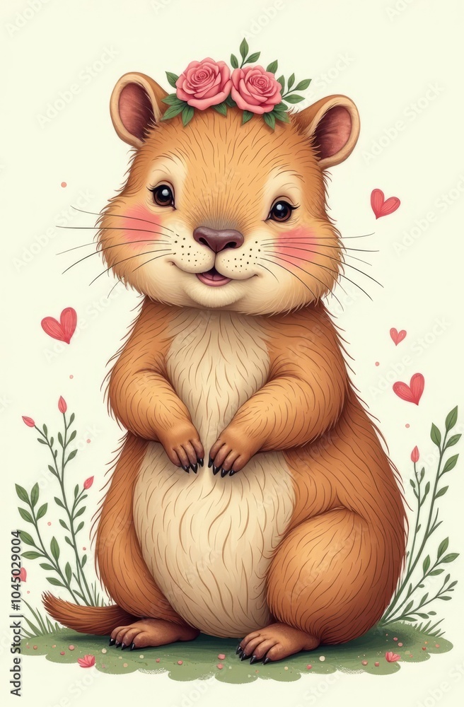 A postcard with a picture of a guinea pig with flowers on its head and under its feet, beige background, cute hearts around the animal. A postcard with a picture of a guinea pig with flowers on its head and under its feet, beige background, cute hearts around the animal.