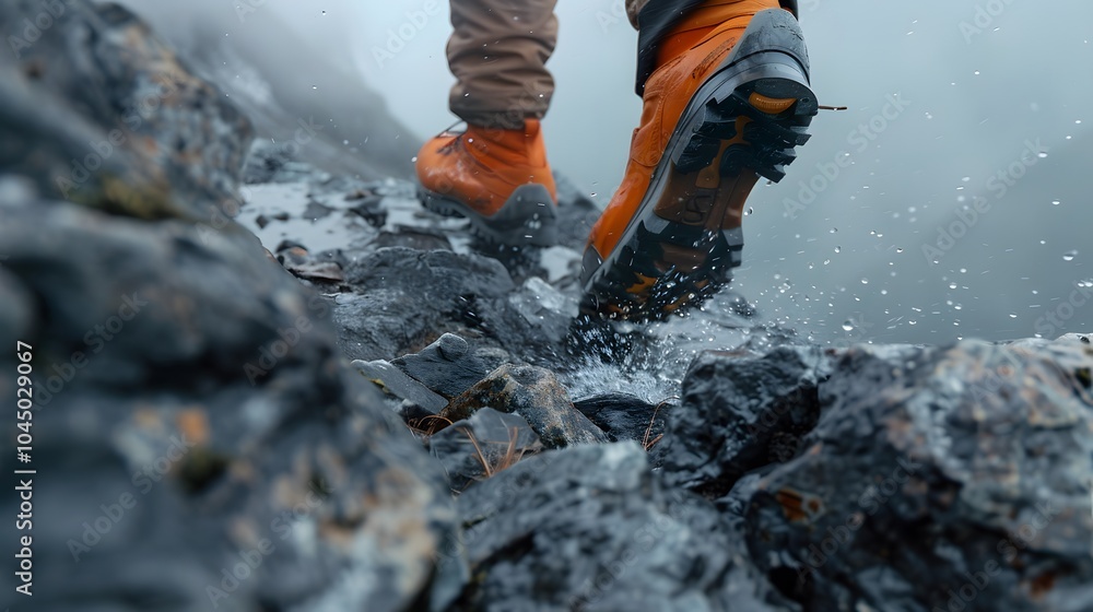 Hiker with Orange boots climbing a mountain Hiker with Orange boots climbing a mountain