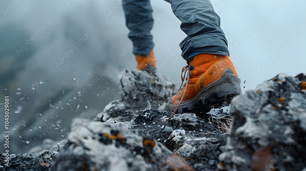 Hiker with Orange boots climbing a mountain Hiker with Orange boots climbing a mountain