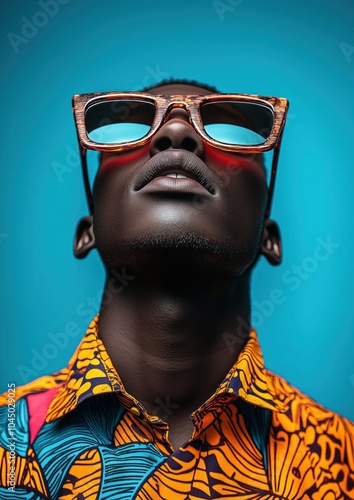 Portrait d'un mannequin afro-américain âgé d'une vingtaine d'années portant des lunettes de soleil à la mode et une tenue colorée, regardant vers le haut sur un fond isolé bleu. photo