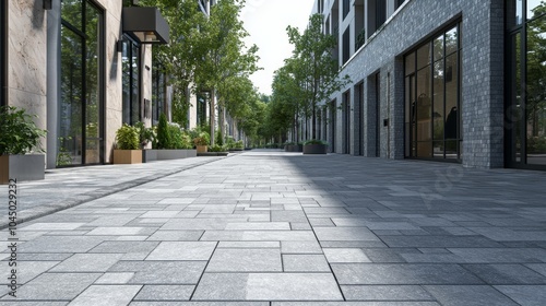 A street with gray brick pavement and a light sidewalk. The scene also includes granite tiles and a black and white marble floor.