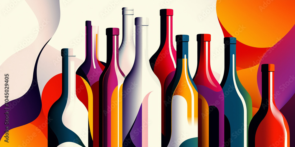 a minimalistic illustration depicting many wine bottles assembled together, a colored background a minimalistic illustration depicting many wine bottles assembled together, a colored background