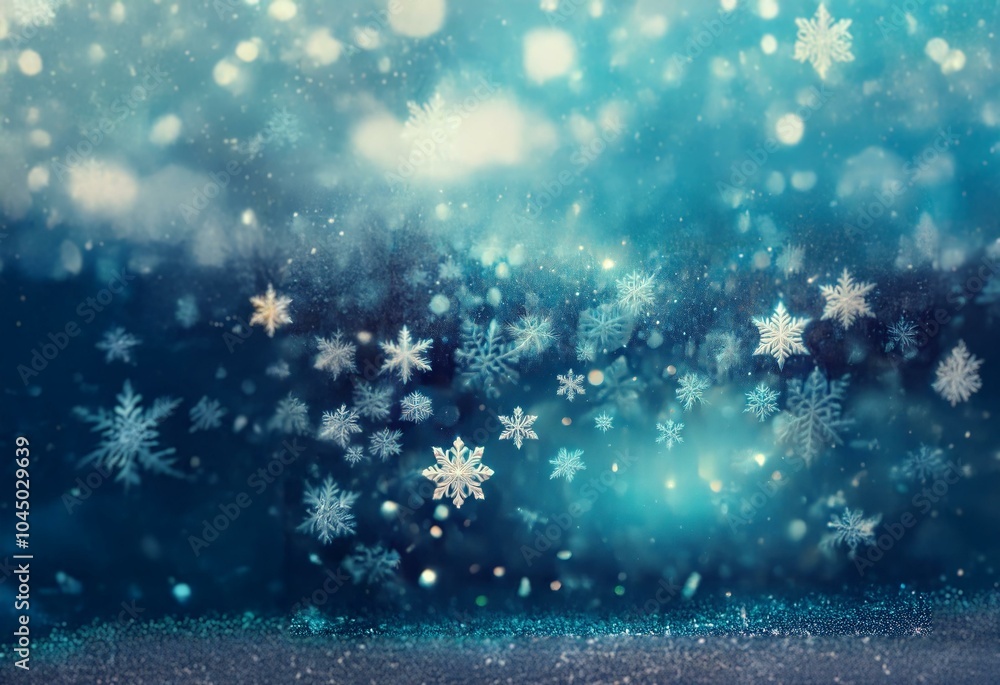 A blue and white winter scene with falling snowflakes and bokeh lights. A blue and white winter scene with falling snowflakes and bokeh lights.
