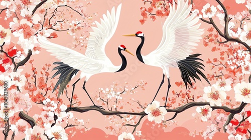 Two white cranes with black wings and red beaks are perched in cherry blossom trees against a pink background.