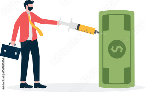 Hand holding a syringe to inject medication into dollars

