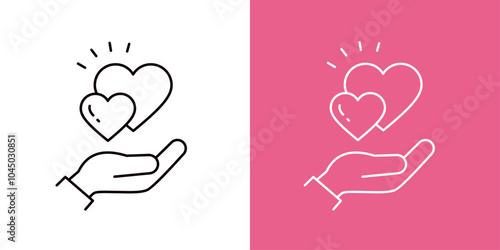 2つのハートを持つ片手のアイコンセット＿細いアウトライン＿びっくり