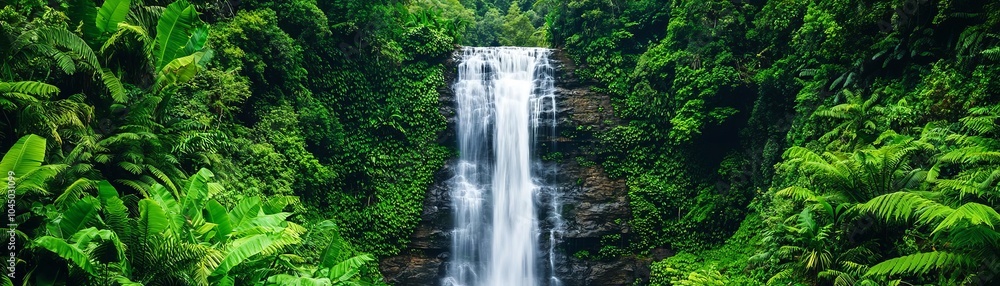 Obraz premium Lush jungle waterfall, surrounded by dense, vibrant foliage, with the water cascading into a sparkling pool below, illuminated by soft natural light breaking through the treetops