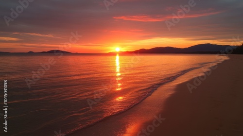 As the sun dips below the horizon  a breathtaking array of red and orange hues paints the sky above a serene Thai beach. Gentle waves kiss the golden sands in the fading light.