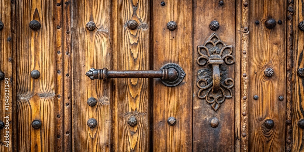 Close-up view of wooden church door with handle Close-up view of wooden church door with handle