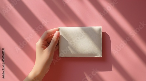 Hand holding simple beige wallet mockup against soft pink background. Natural lighting, fashion accessory template advertising image. Soft tones elegance. Mock up product photorealistic