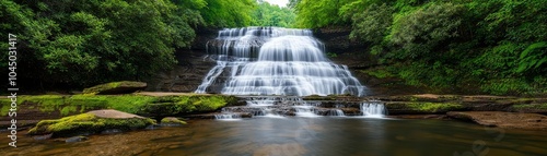 Majestic waterfall cascading down moss-covered rocks into a crystal-clear pool