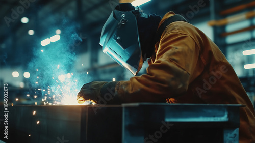 Metal workers wear protective gear while welding metal in a factory, Emphasizing industrial work safety