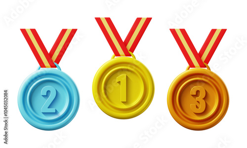 Set of 3d vector medals isolated on white background. Gold, silver and bronze awards for winners.