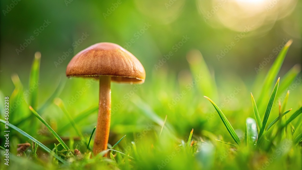 Fototapeta premium Small brown fungi mushrooms growing in grass at a tilted angle