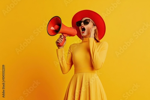 Woman in a yellow dress and red hat with sunglasses holding a megaphone shouting background speaker. photo