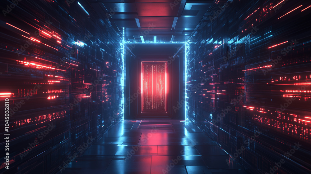 Obraz premium Digital door leading to the future in futuristic polygonal style, technology digital path