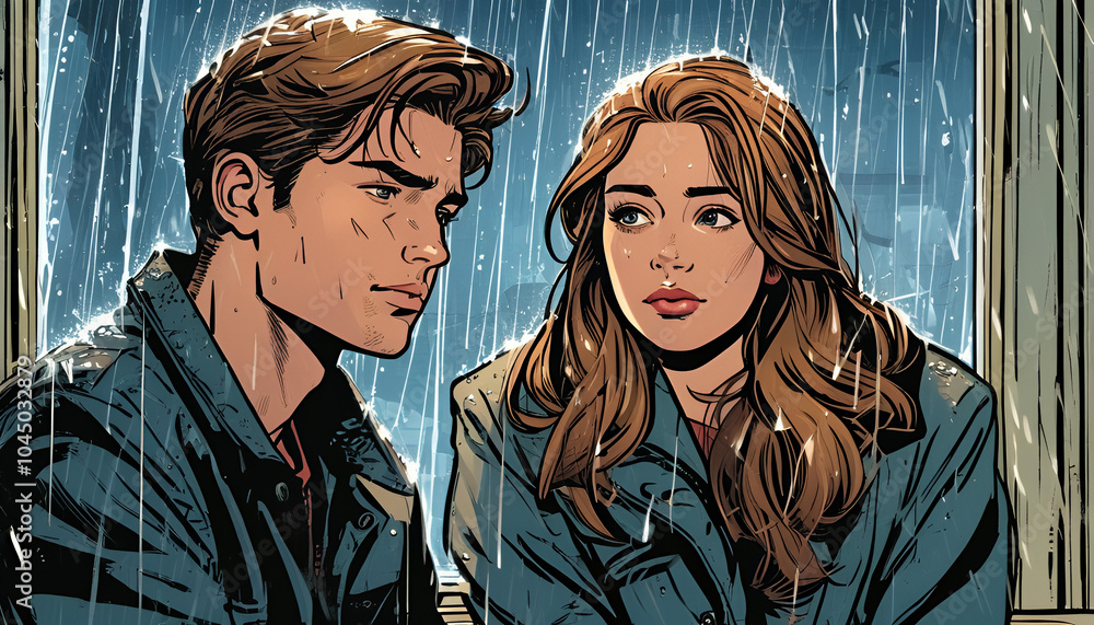 Illustration of a young man and woman sitting by the window and raining in the background, in manga style Illustration of a young man and woman sitting by the window and raining in the background, in manga style