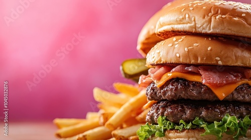 A succulent cheeseburger loaded with bacon and cheese, served with a side of golden fries on a garnish of fresh lettuce, set against a pink background for allure.