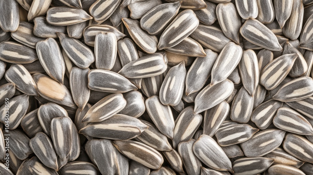 A seamless spread of whole sunflower seeds, tightly arranged to fill the entire frame with their gray and white striped shells and crunchy texture.