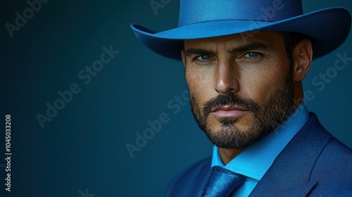 Man in a blue suit and brown hat with a serious expression against a blue textured background Generative AI