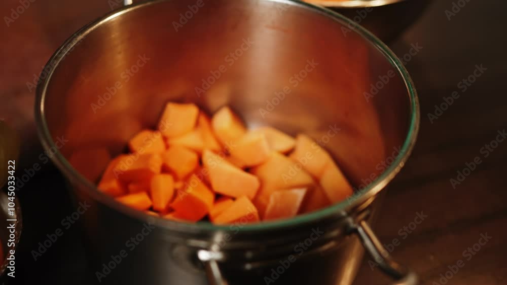 The cook slices a ripe orange pumpkin. Pumpkin dish. Autumn food concept 4k The cook slices a ripe orange pumpkin. Pumpkin dish. Autumn food concept 4k