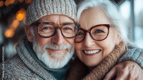 An elderly couple with glasses smiles warmly while embracing each other, dressed in cozy winter clothing, exuding love and warmth for one another.