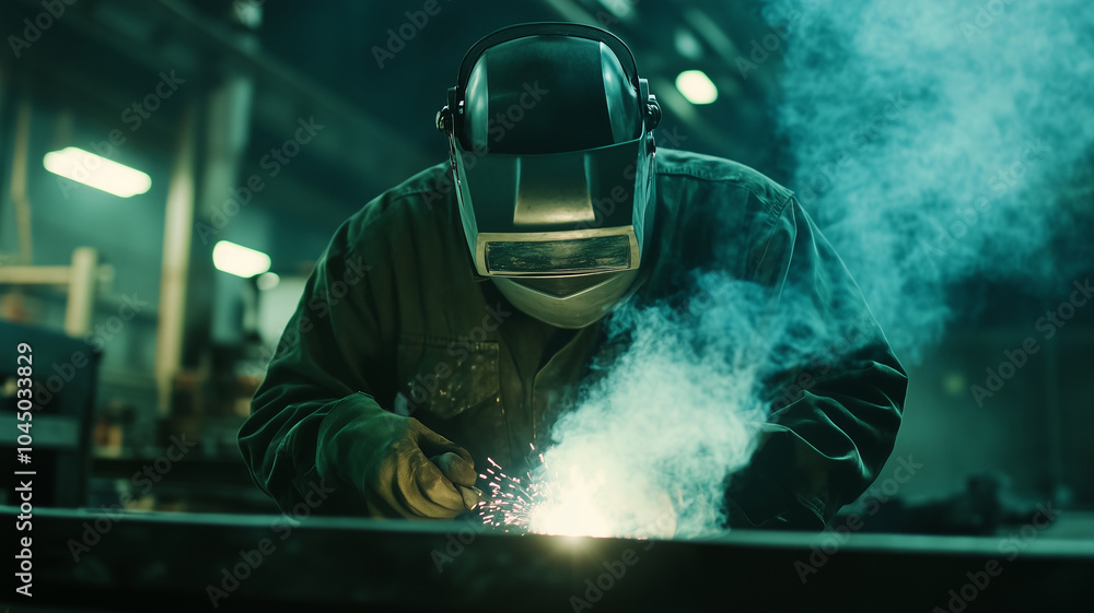 Metal workers wear protective gear while welding metal in a factory, Emphasizing industrial work safety Metal workers wear protective gear while welding metal in a factory, Emphasizing industrial work safety