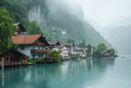 A peaceful lakeside village nestled against misty mountains. Traditional wooden houses line the shore, reflecting in the calm, turquoise water, creating a serene atmosphere.