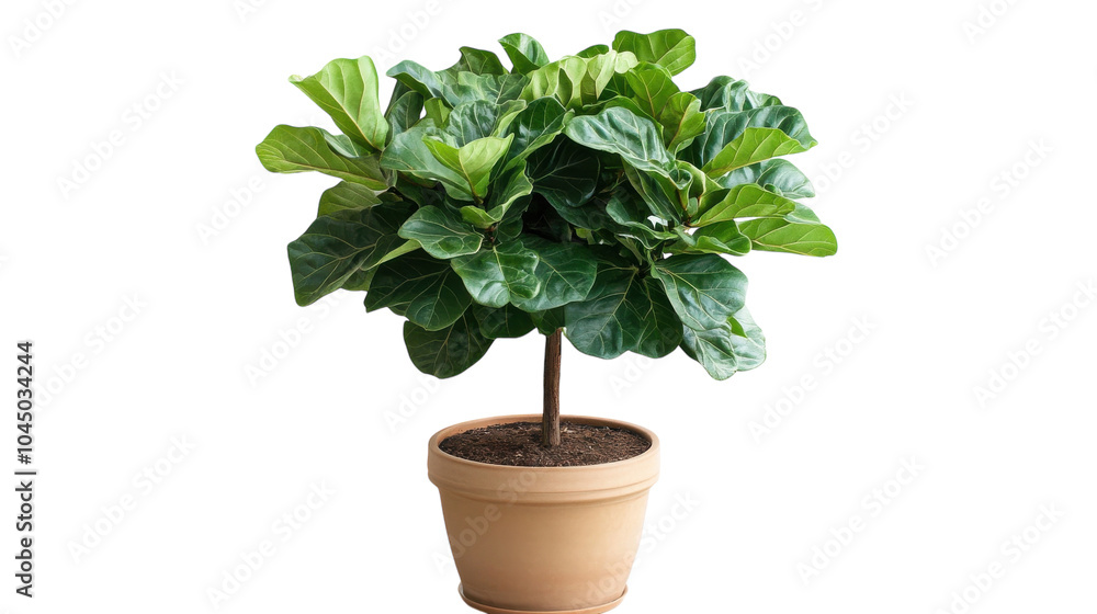 A vibrant fiddle leaf fig thriving in a minimalist pot on a clean, white background A vibrant fiddle leaf fig thriving in a minimalist pot on a clean, white background