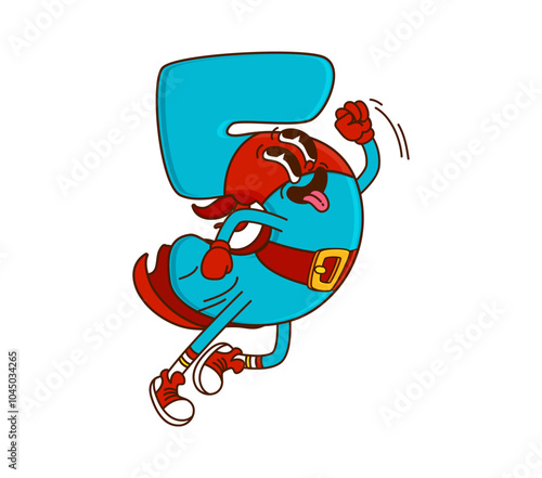 Cartoon groovy math number five superhero character. Isolated vector playful and funky digit 5 retro comic defender personage exudes hippie vibe and positivity with confident pose, costume and mask