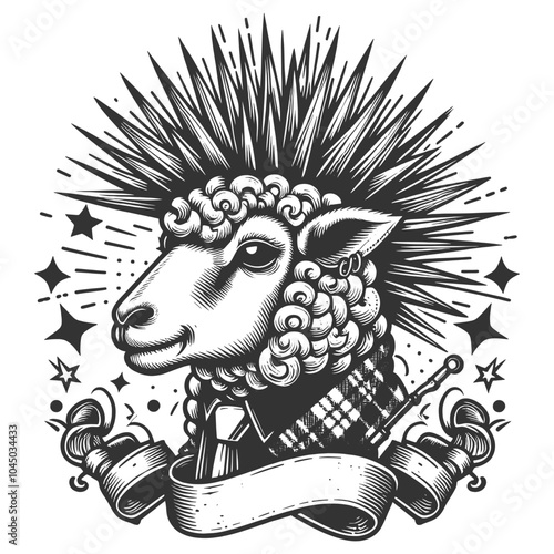 sheep with a punk mohawk and accessories, blending rebellious and whimsical design elements sketch engraving generative ai vector illustration. Scratch board imitation. Black and white image.