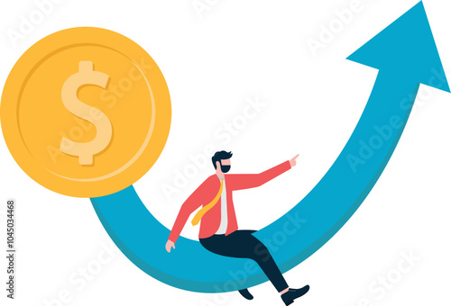 Businessman sits on the growth arrow of dollar sign and strives to pull the arrow to change the growth direction of the dollar,

