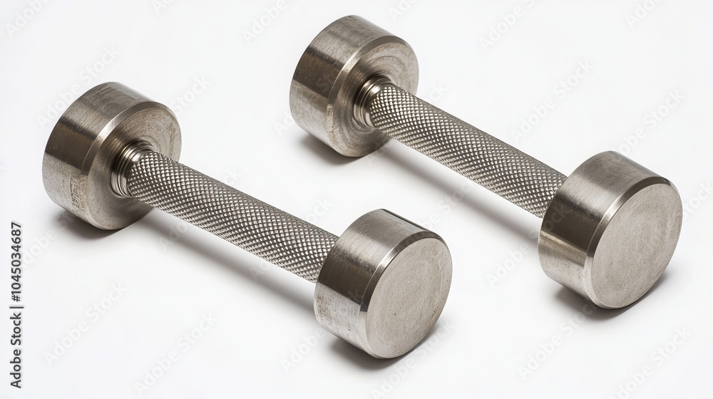 A pair of silver hand weights lie side-by-side on a stark white background. Each weight consists of a circular disk attached to a straight bar. The disks are smooth and feature a textured grip A pair of silver hand weights lie side-by-side on a stark white background. Each weight consists of a circular disk attached to a straight bar. The disks are smooth and feature a textured grip
