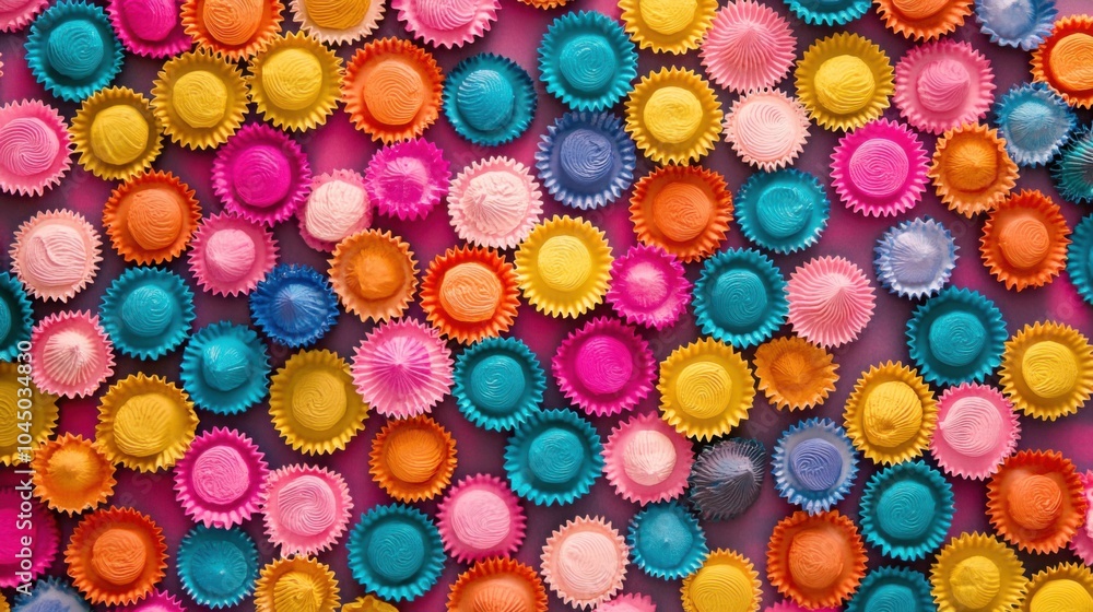 A surface densely covered with brightly colored cupcake liners, filling every inch of the frame with their playful, sweet texture. A surface densely covered with brightly colored cupcake liners, filling every inch of the frame with their playful, sweet texture.